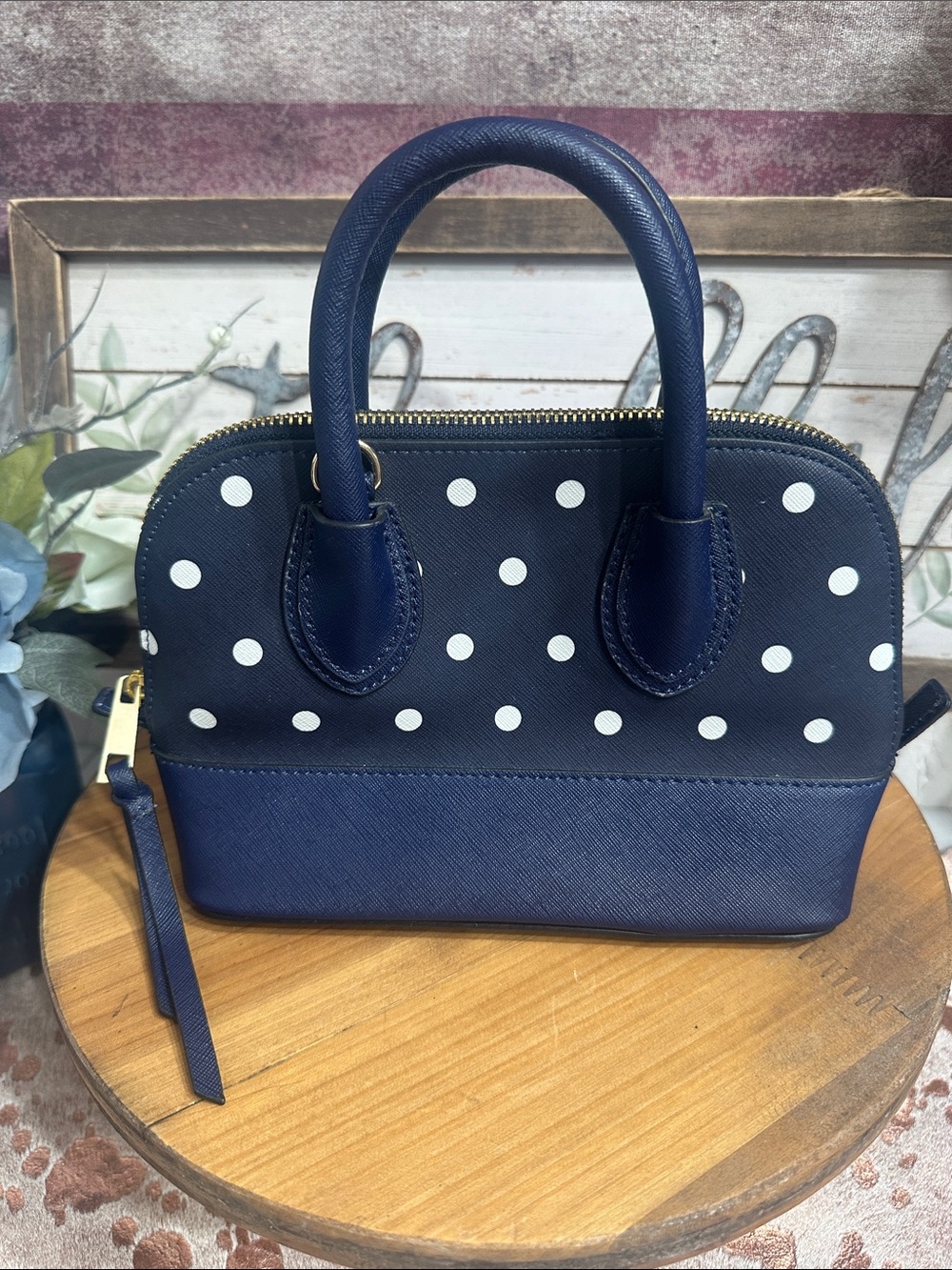 crown & ivy Navy and White Polka Dot Mini Dome Satchel